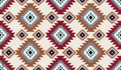 Seamless geometric ethnic pattern inspired by Native American tribal fabric. Traditional Aztec and Navajo style carpet and tile vector design on navy blue background. Perfect for textile, wrapping,