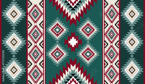 Seamless geometric ethnic pattern inspired by Native American tribal fabric. Traditional Aztec and Navajo style carpet and tile vector design on navy  background. Perfect for textile, wrapping,