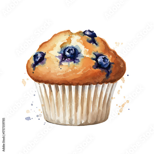 A delicious blueberry muffin with a golden-brown top, painted in a watercolor style on a white background.