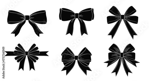 A collection of six black bow silhouettes for decoration and design purposes.