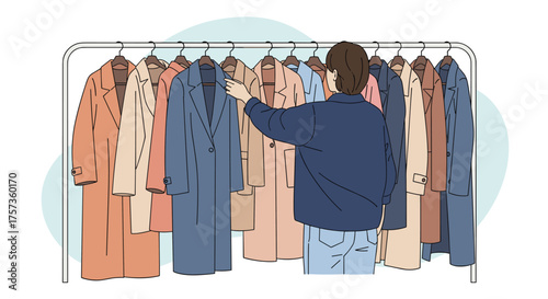 A person chooses a coat from a rack of various outerwear.