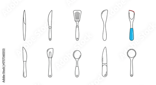 A collection of ten different types of kitchen utensils for food preparation and serving.