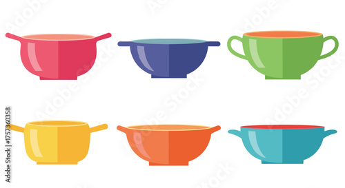Colorful kitchen pots and bowls in a flat design illustration.