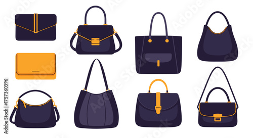 A collection of eight stylish handbags and clutches in various designs and colors.