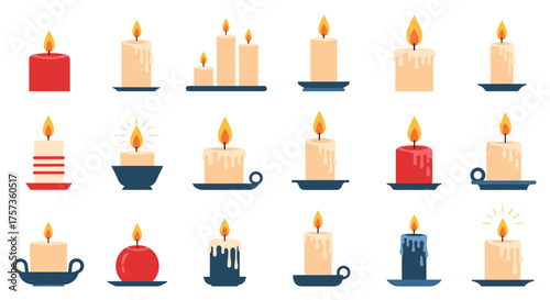 Collection of lit candles in various colors and shapes.