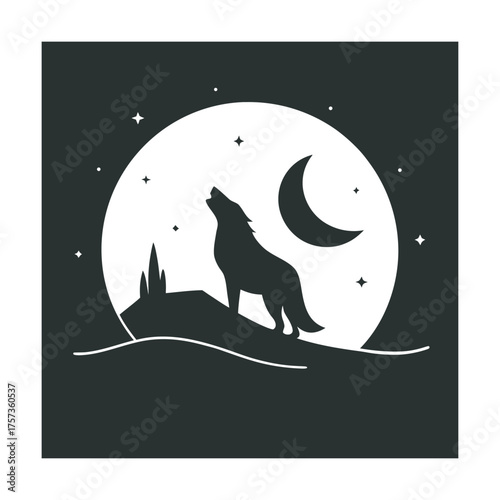 Wolf Howling At Moon In Desert Night Silhouette