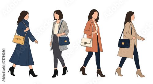 Stylish women in fashionable autumn coats and accessories walking.