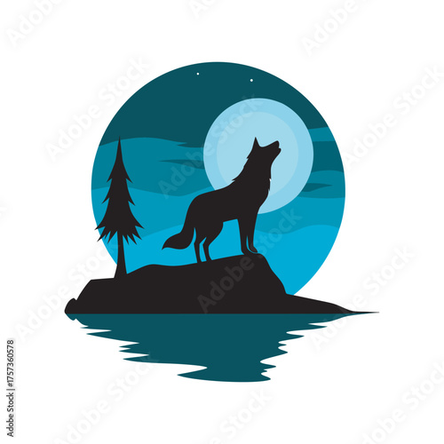 Wolf Howling At Moon Over Calm Lake Silhouette