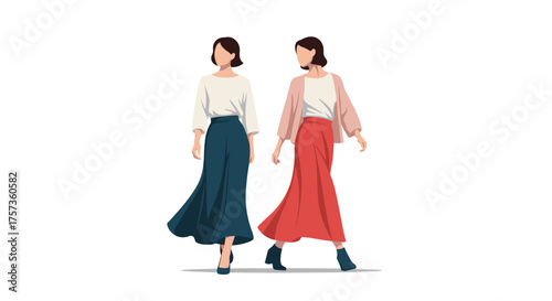 Two women walking in stylish wide leg pants and skirts.