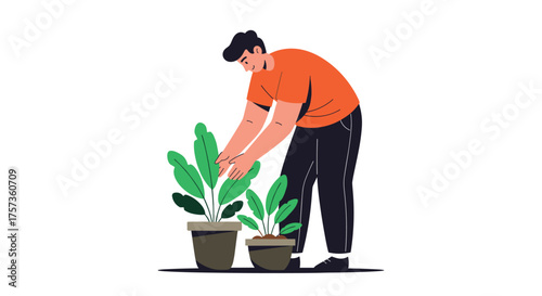 A person tending to potted plants indoors for home decor.