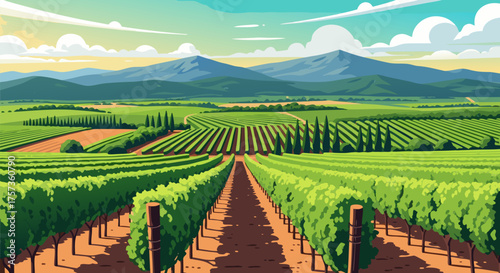 Panoramic Vineyard Landscape Illustration with Rolling Hills and Mountains Under a Serene Sky, Embodying Rural Agriculture and Wine Country Beauty