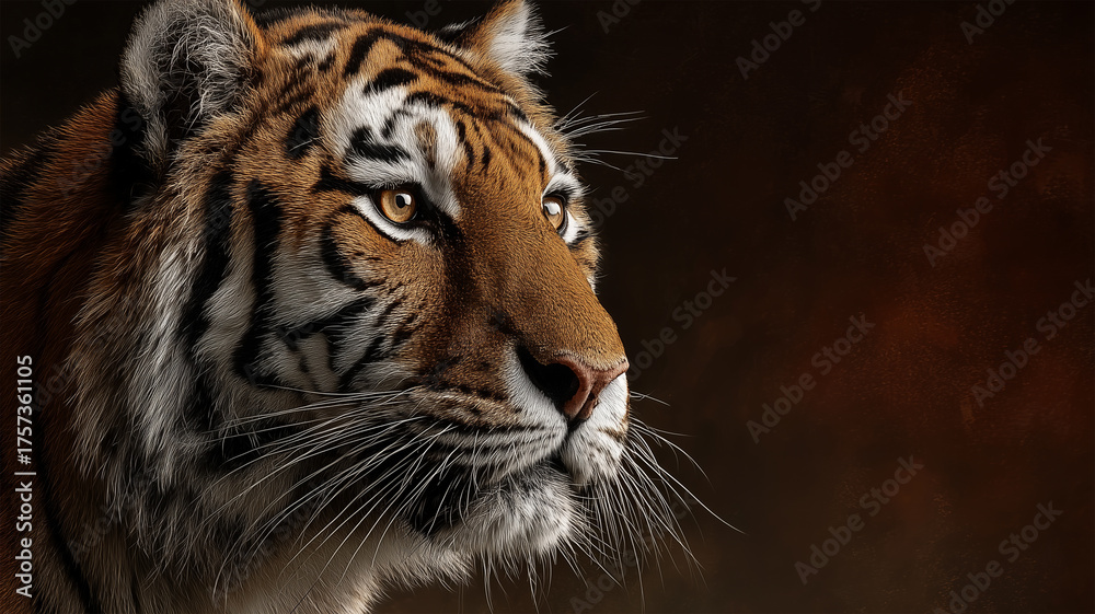 Naklejka premium 深紅の絵画背景でベンガルトラの横顔を落ち着いた光で撮影