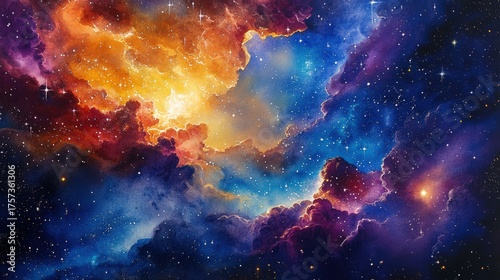 Fototapeta Naklejka Na Ścianę i Meble -  A stunning, colorful depiction of cosmic clouds and stars, showcasing the beauty of space with vibrant hues of blue, orange, and purple.