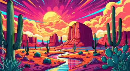 Vibrant Desert Sunset Over a Canyon with Cacti and a Winding River, Stunning Landscape