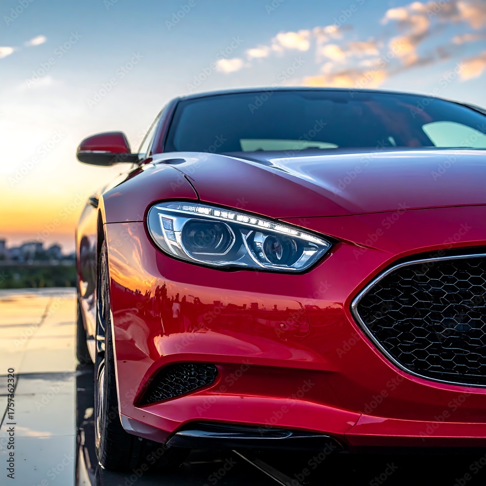 Fototapeta premium A vibrant red sports car basks in the soft light of sunset. The vehicle is sleek and modern, poised against a cityscape and a gradient sky