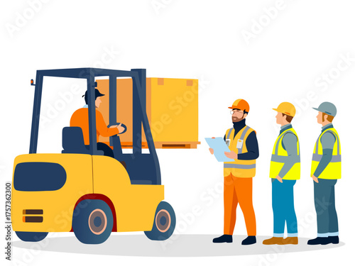 Efficient logistics team overseeing forklift operation in modern warehouse, promoting productivity and safety