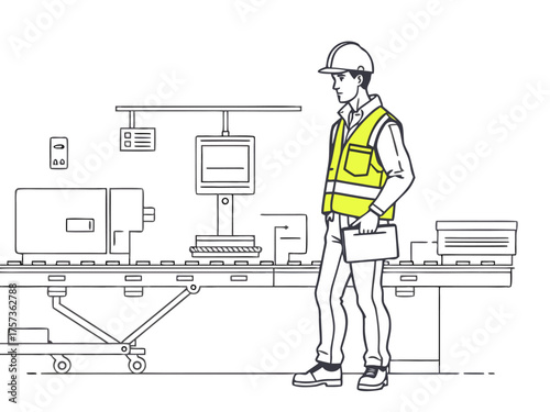 Professional engineer in safety vest supervises modern factory assembly line operations with precision and expertise