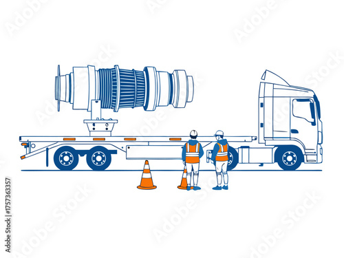 Heavy industrial equipment transport with specialized truck and workers overseeing loading process