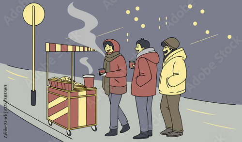 "A group of friends standing at a roadside chips cart on a chilly winter evening, warm steam rising from freshly fried chips, cozy jackets and mufflers, soft yellow streetlight glow, visible breath in