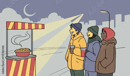 "A group of friends standing at a roadside chips cart on a chilly winter evening, warm steam rising from freshly fried chips, cozy jackets and mufflers, soft yellow streetlight glow, visible breath in