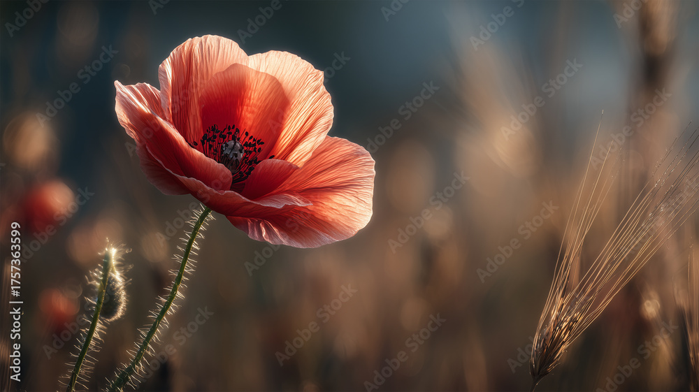Obraz premium 夕暮れの草原で一輪の赤いポピーが逆光に透けて輝く瞬間