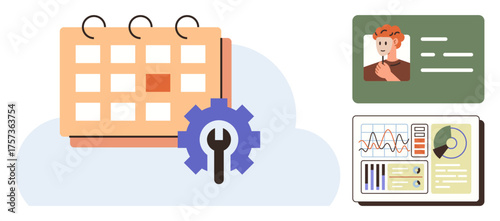 Calendar with gear symbolizes planning and maintenance ID card shows profile identification analytics dashboard displays data analysis. Ideal for scheduling, user management, analytics, time