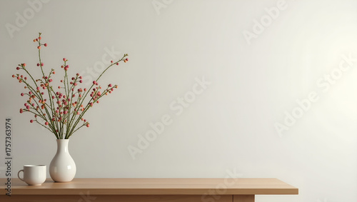 Minimalist interior scene featuring simple wooden table with white vase filled with delicate pink flowers. white cup sits beside vase, creating serene and calming atmosphere