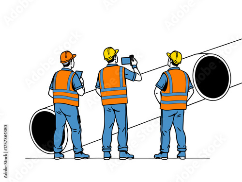 Skilled construction workers collaborate on industrial site planning, ensuring project success and safety