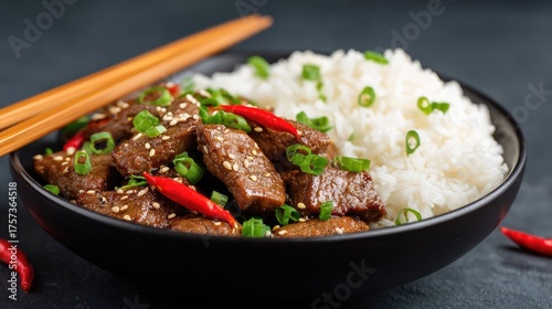 Delicious Asian-style beef stir-fry served with fluffy white rice, garnished with fresh green onions and red chili peppers for a vibrant and mouthwatering meal experience