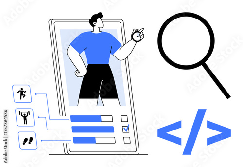 Person inside mobile screen with activity icons, progress bars, magnifying glass, and coding symbols. Ideal for technology, fitness tracking, app development, activity monitoring, programming user