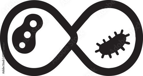 Microbe silhouette forming infinity loop in clean line vector style for scientific design.