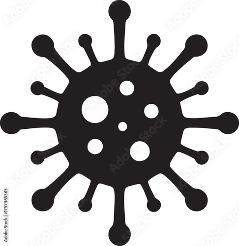 Stylized virus molecule silhouette with spikes radiating outward in scientific vector style.