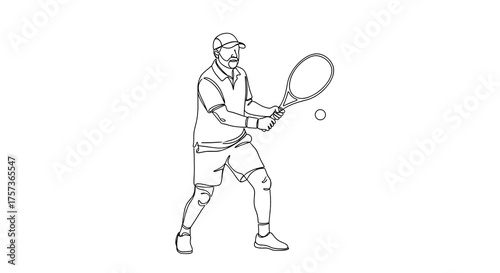 Tennis elderly player preparing to hit a ball on a plain background  