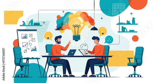 Two businessmen brainstorming with lightbulb idea in modern office