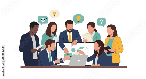 Diverse team collaborating on project with laptops and whiteboard