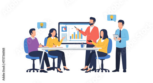 Business team brainstorming and analyzing data together in meeting