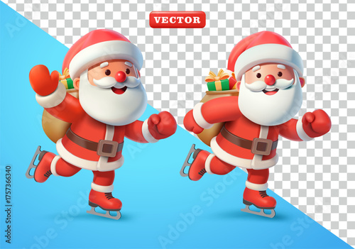 Santa Claus skating on ice while delivering gifts, 3D vector. Suitable for events, business and sports