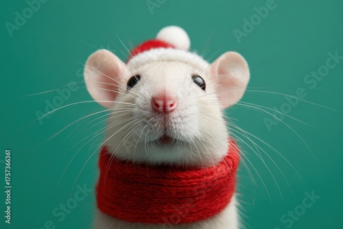 Mouse wearing Santa Claus Hat on a green color background. Copy space for text. Cute funny pet rodent dressed carnival clothes, red costume. Humor winter concept. Animal wear warm scarf. Xmas party.