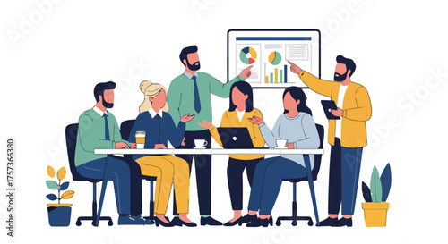 Diverse group professionals in meeting, actively engaged in discussion around table with laptop and charts