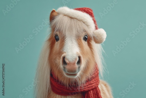 Horse Wearing Red Santa Claus Hat. Green color background. Copy space. Cute funny pony dressed carnival costume. Humor. Steed wear warm scarf. Xmas party domestic animals. Winter celebration spirit.
