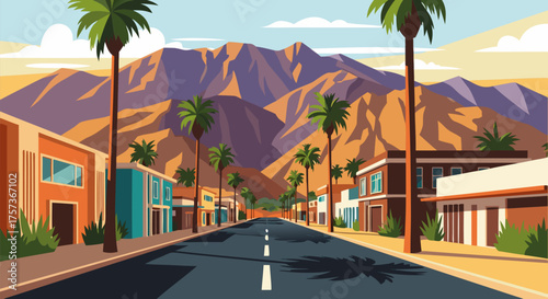 Desert town street view illustration with palm trees and distant mountains under a clear blue sky