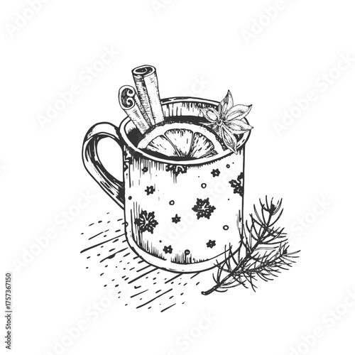 Mulled wine in a mug: a hand-drawn ink vector illustration. Black and white sketch with the hot drink, spices, cinnamon, orange, anise, fir branches. For Christmas cards and labels.