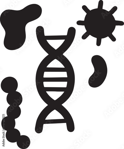 DNA helix silhouette surrounded by floating microbial shapes in vector science style.