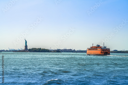 Nwe York city statue of Liberty and Staten island ferry in archipelago view