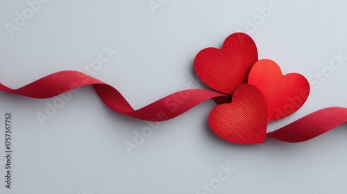 Red heart-shaped decorations with a vivid red ribbon on a soft gray backdrop, perfect for romantic occasions, Valentine's Day, or creative crafts projects.