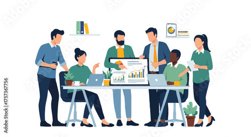 Diverse team collaborating on project with laptops and graphs in modern office