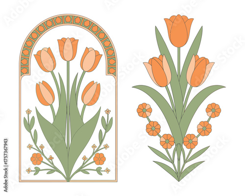 Art Nouveau floral illustration, elegant design featuring tulips and geometric elements in classic ornamental style, decorative botanical artwork for posters, branding, invitations, textiles, 