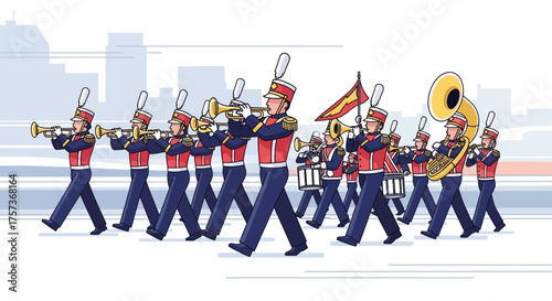 A dynamic flat design illustration showcasing a vibrant marching band in uniform, actively performing with instruments during the festive Thanksgiving Day Parade. 