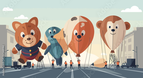 A compelling flat design illustration offering a unique "behind the scenes" view of the Macy's Thanksgiving Day Parade, showcasing massive character balloons being carefully inflated.