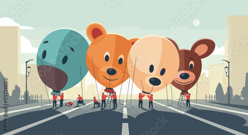 A compelling flat design illustration offering a unique "behind the scenes" view of the Macy's Thanksgiving Day Parade, showcasing massive character balloons being carefully inflated.